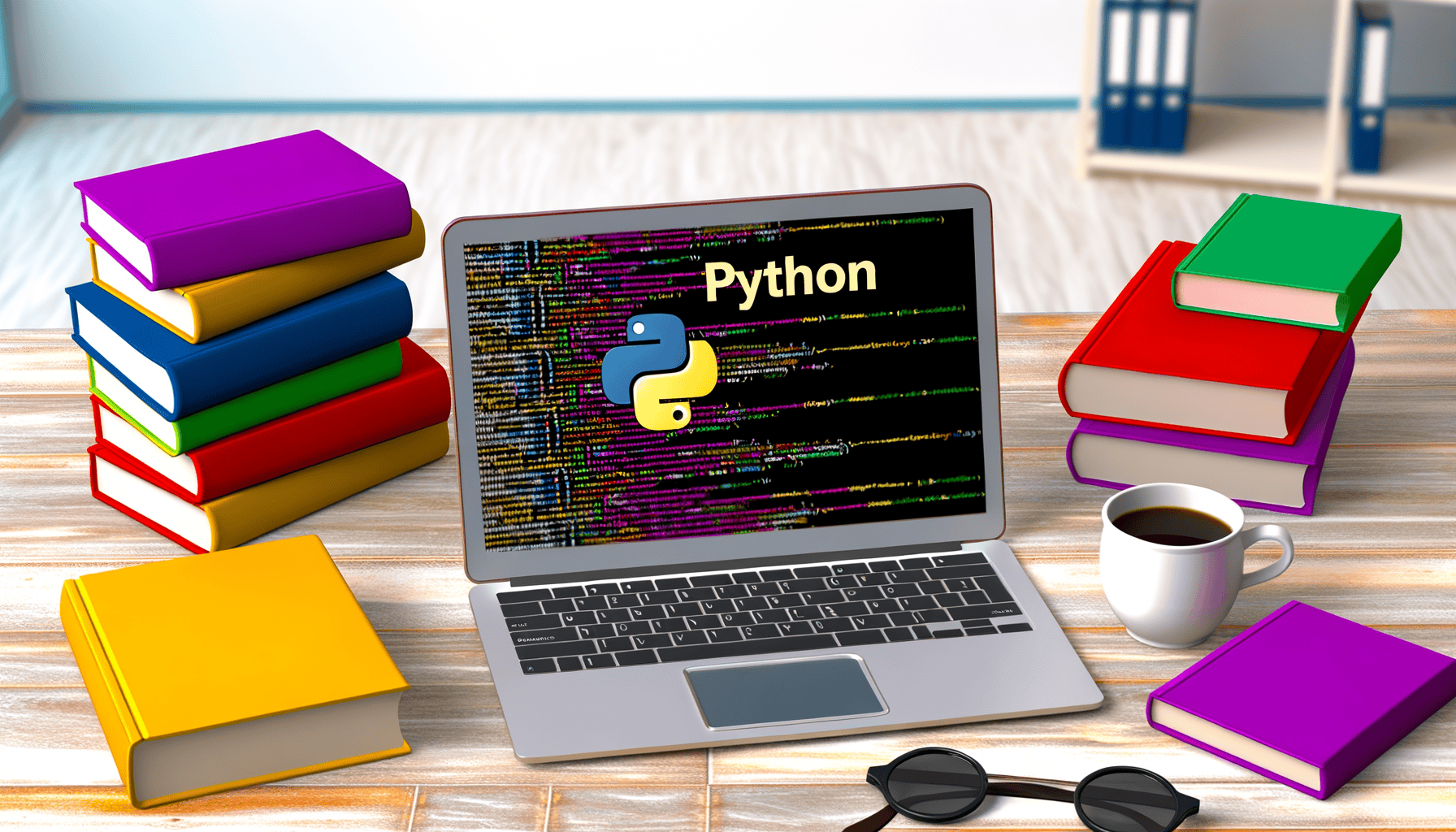 Python code on laptop sitting on a desk.